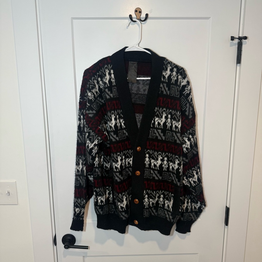 Vintage Otavalo Wool, Angora. Alpaca Aztec Cardigan Sweater. Made in Ecuador. XL
